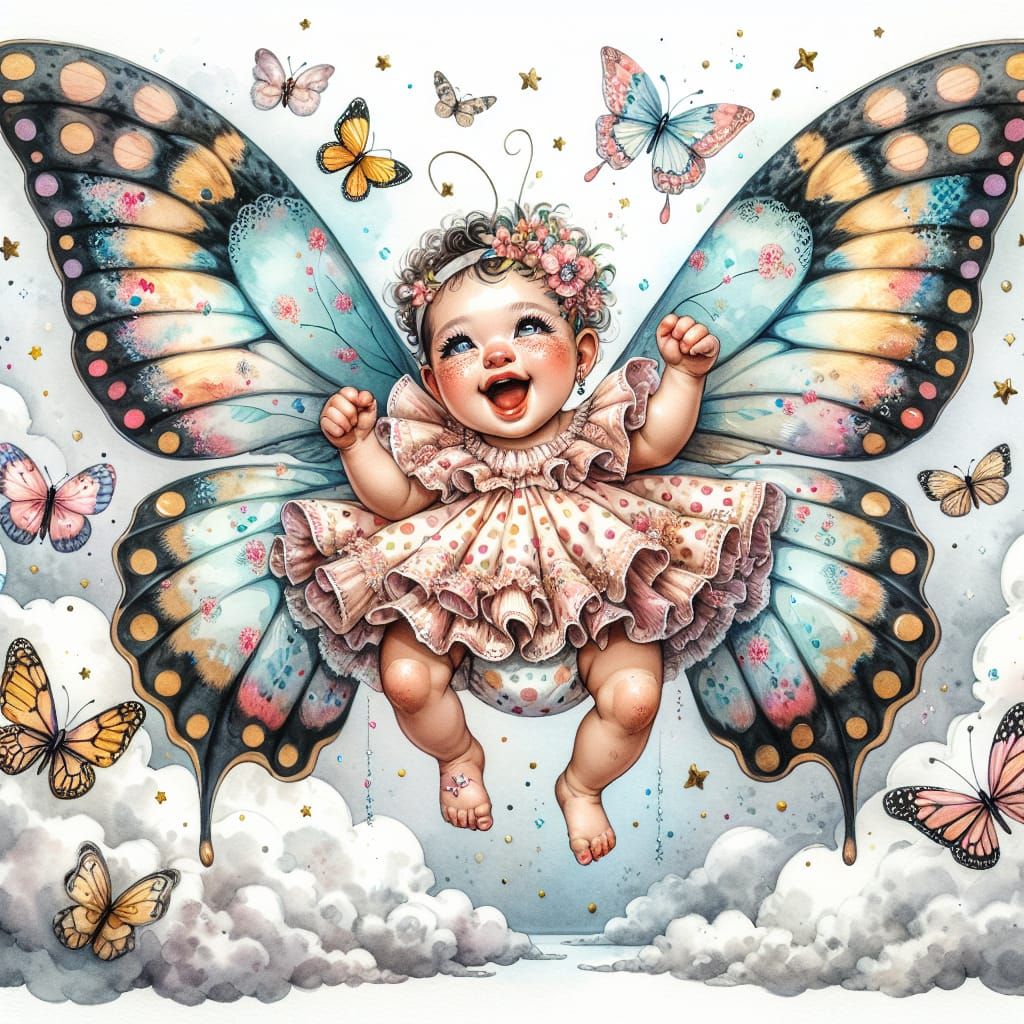 Whimsical Baby Soars on Butterfly Wings amidst Clouds