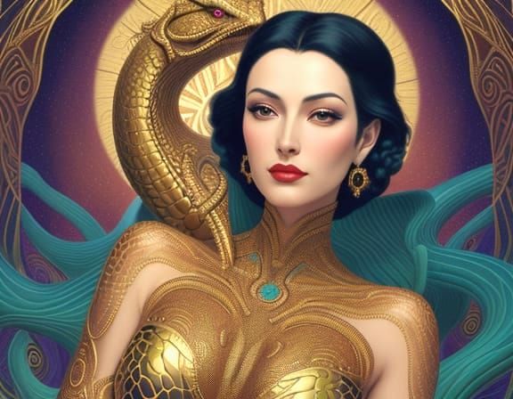 Surreal Golden Serpent Charmer in Klimt Style