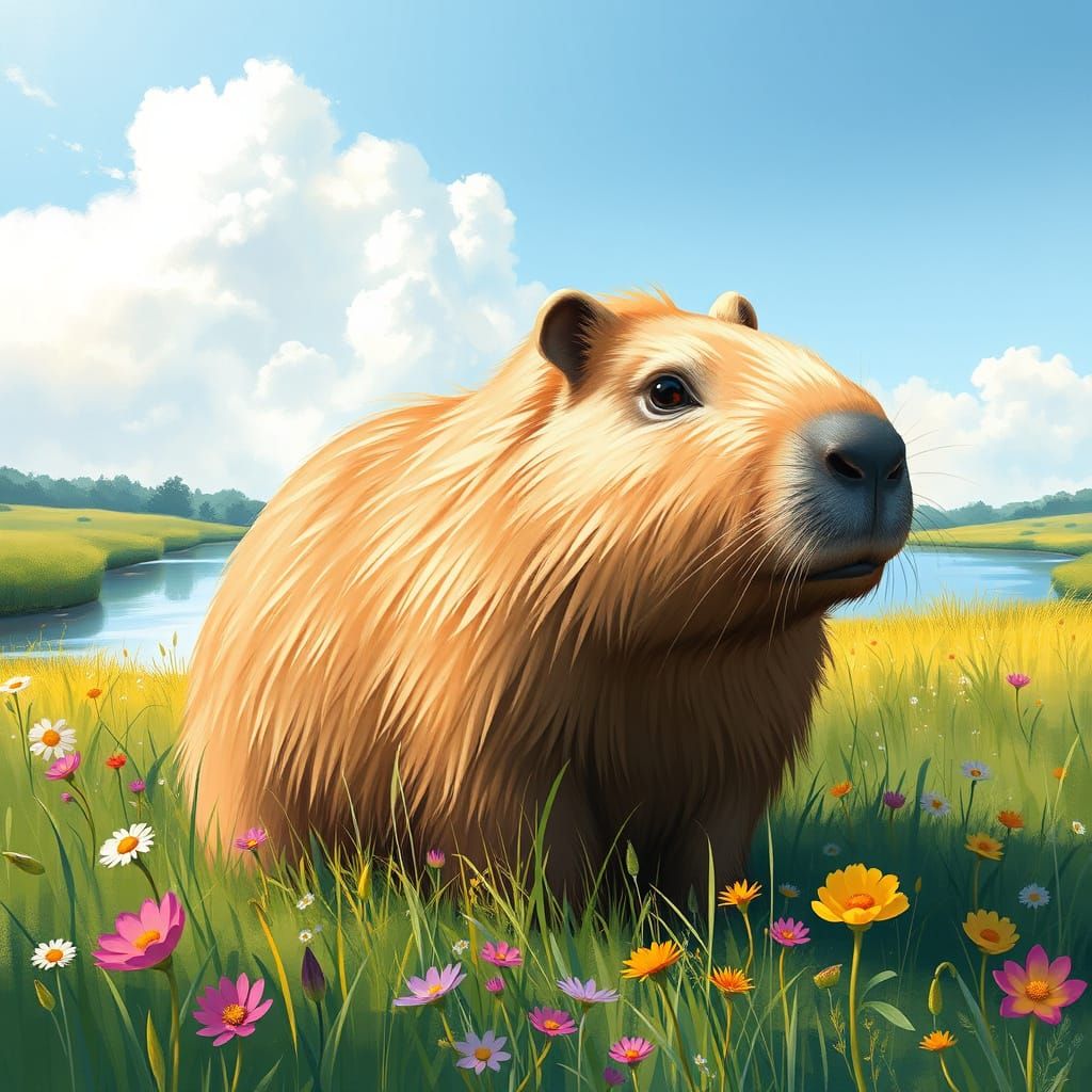 Capybara in a Lush Impressionist Meadow