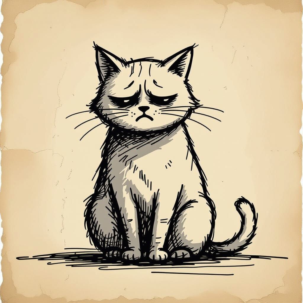 Sad Cat Drawn in Single Ugly Line