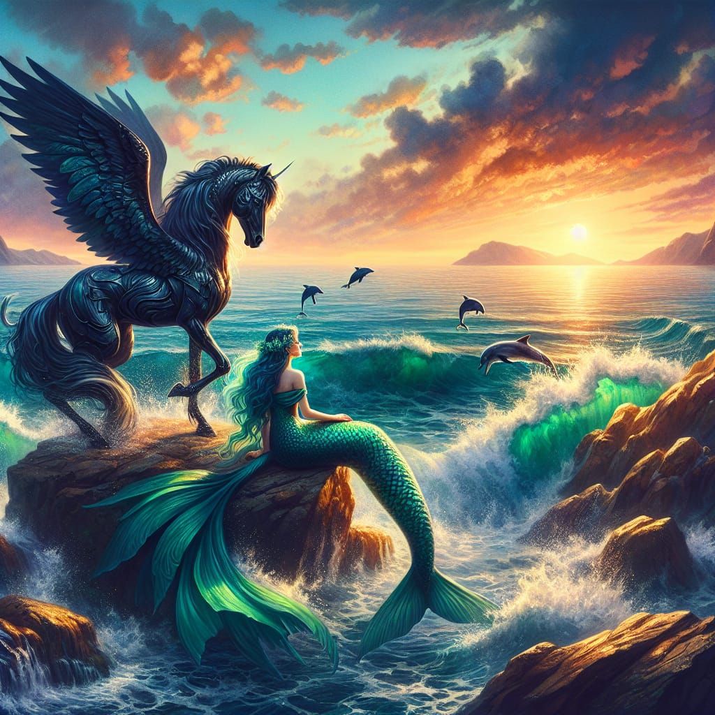 Mermaid and Black Pegasus Overlook Ocean at Sunset