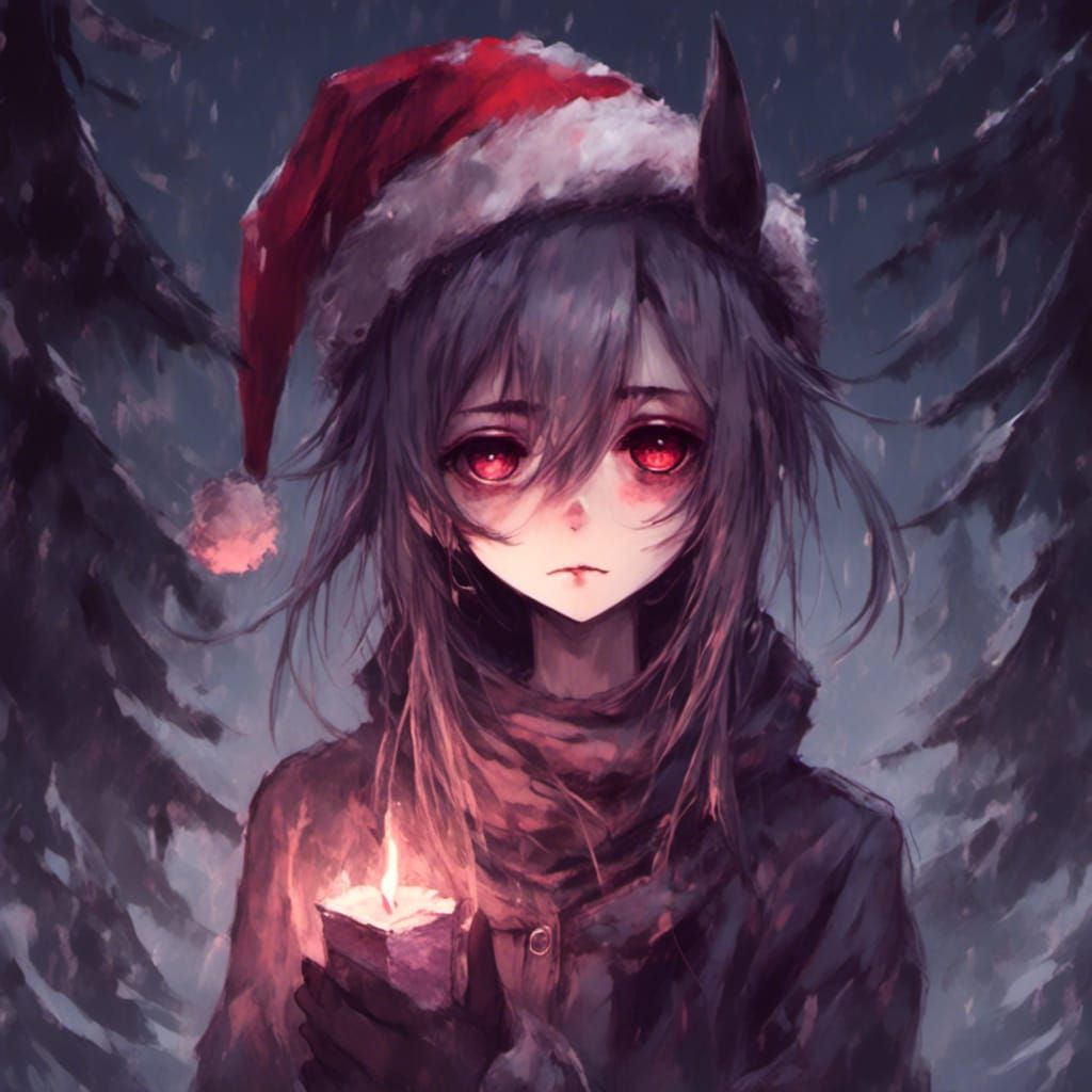 Sad Girl with Christmas Hat in Anime Style