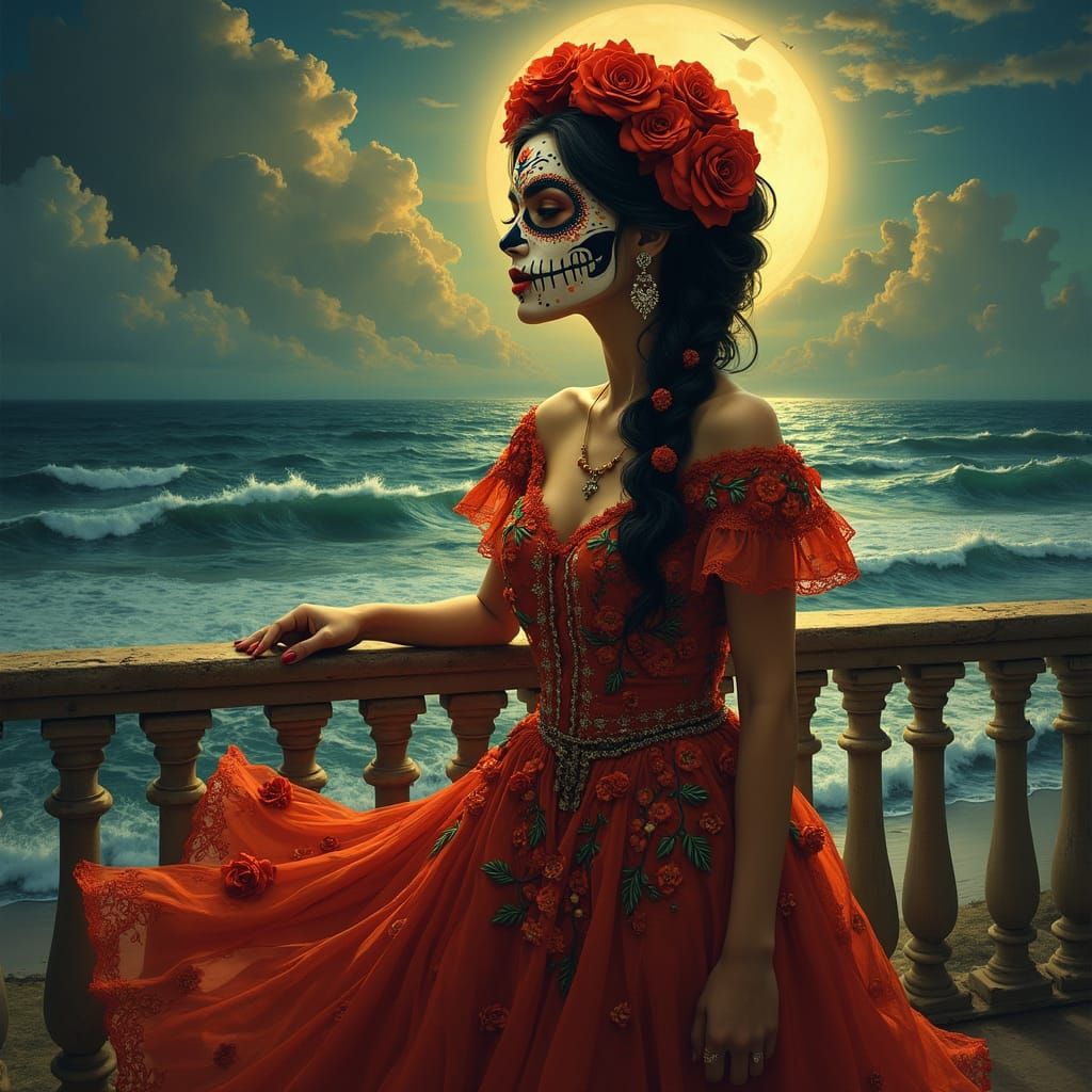 Radiant Latina Woman in Moonlit Day of the Dead Scene