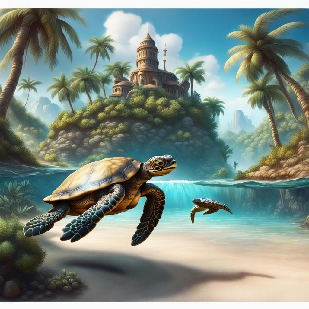 Tropical Island Turtles in Watercolor Painting