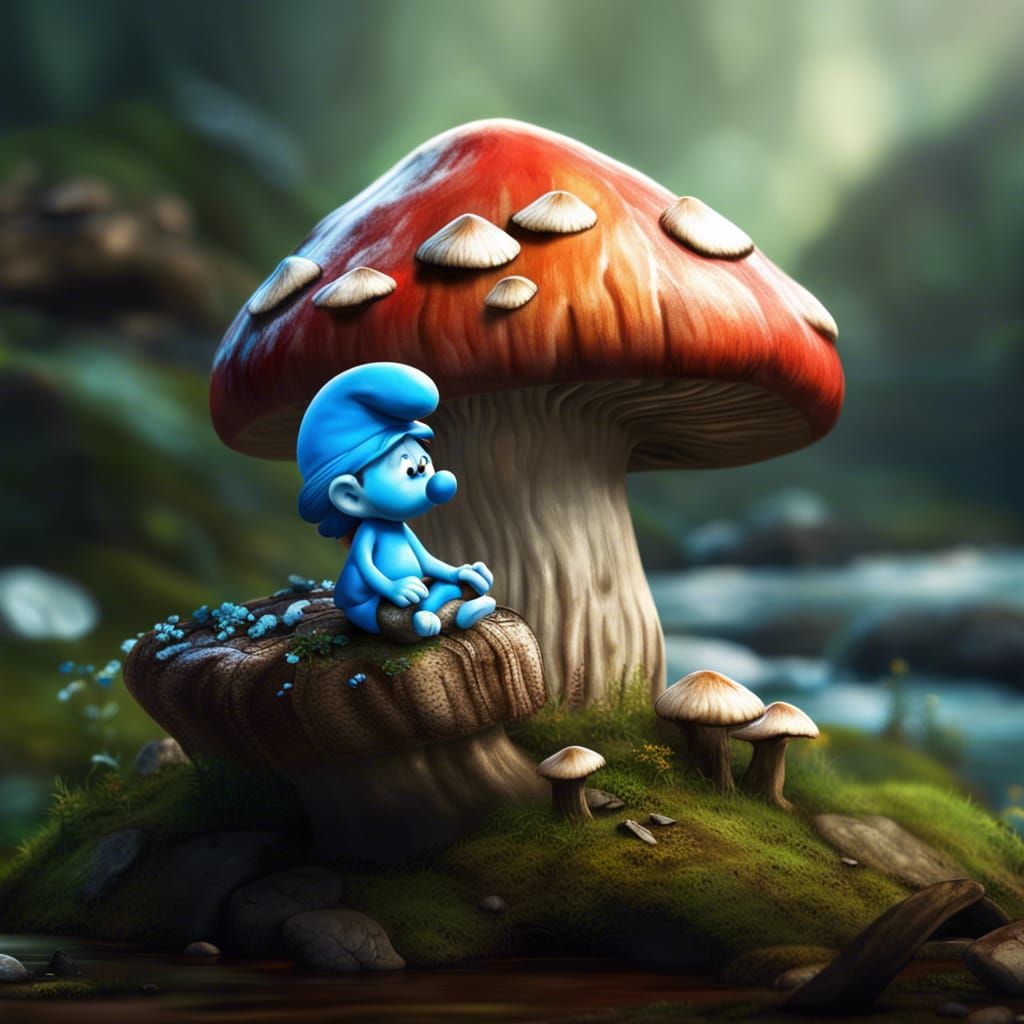 Relaxed Smurf Meditating by Creek: Hyperrealistic Splash Art