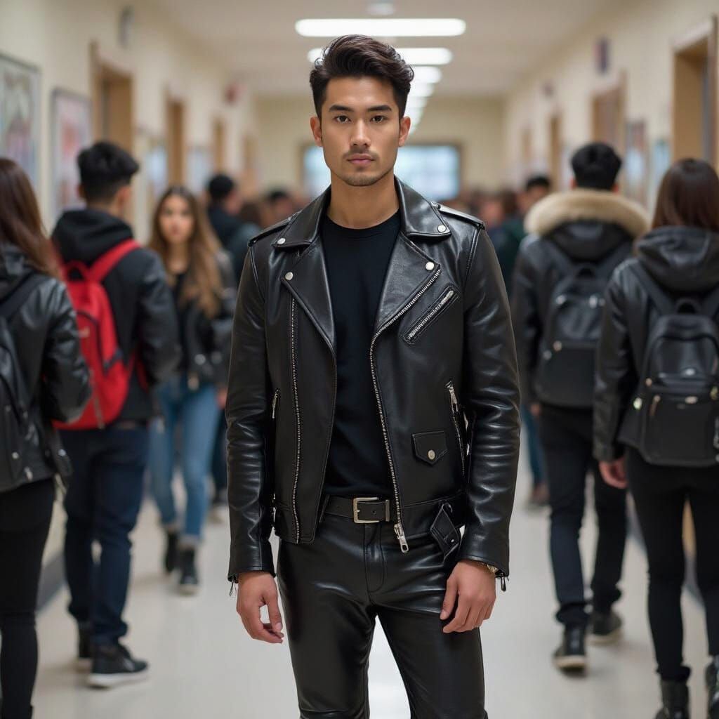 Handsome Nerd in Leather Surrounded by Leather-Clad Students