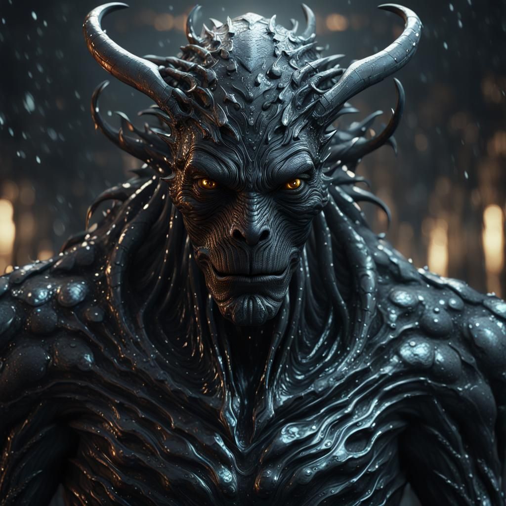 The dark creature stares at the camera, in the style of liquid metal, vray tracing, raw character, 32k uhd, schlieren ph...