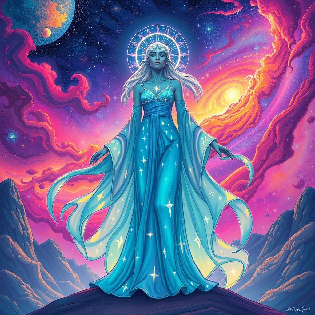 Celestial Goddess in Flowing Robes of Starlight
