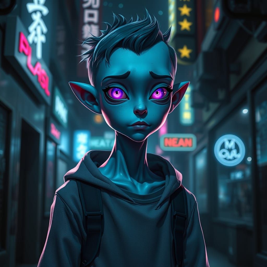 Teenage Alien in Sci-Fi Alleyway, Cyberpunk Style