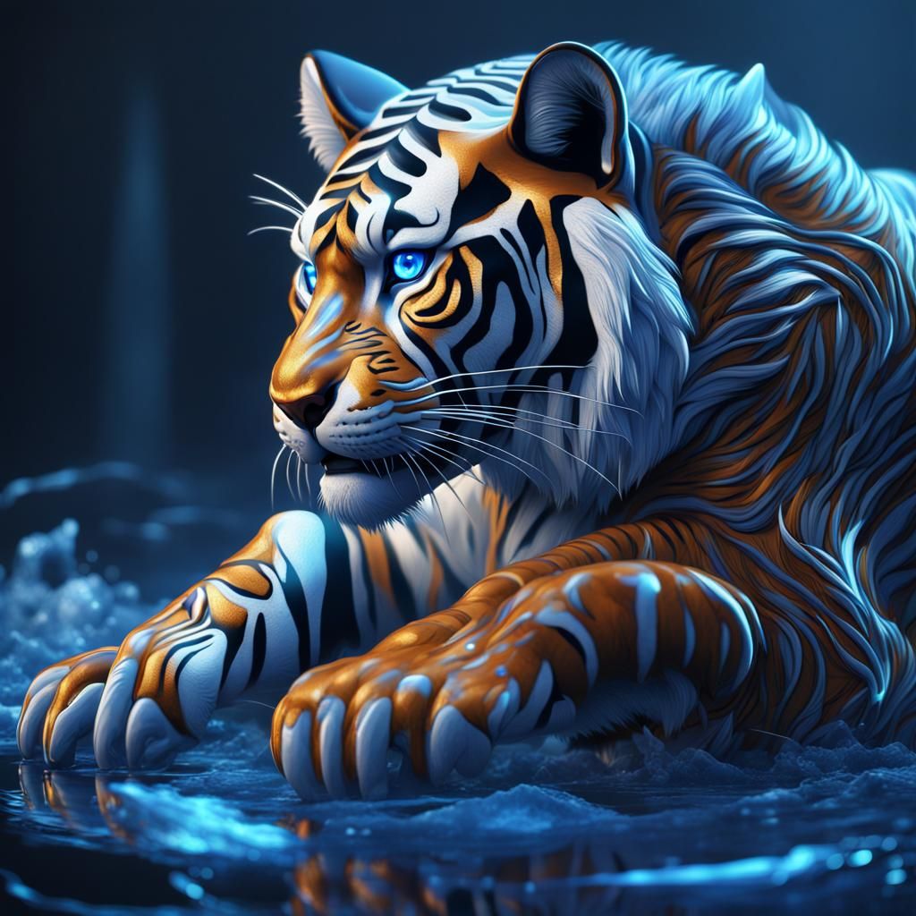 Futuristic Blue Tiger Hologram: Detailed Concept Art