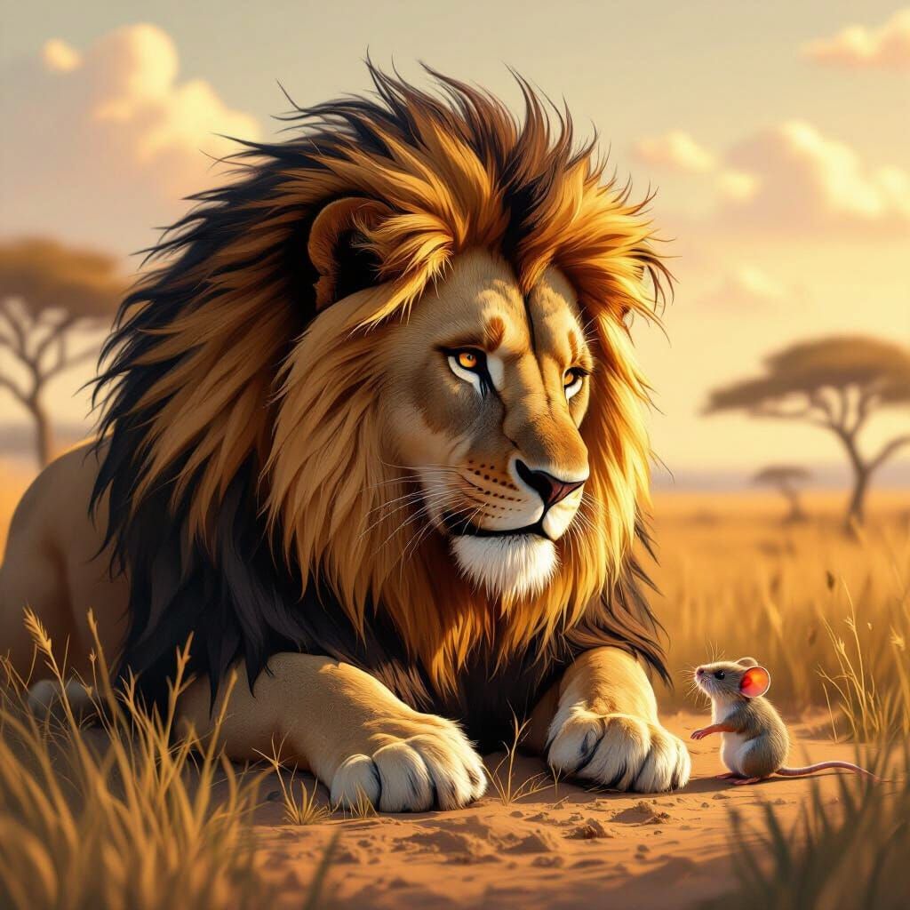 Lion and Mouse in Warm Savannah Landscape