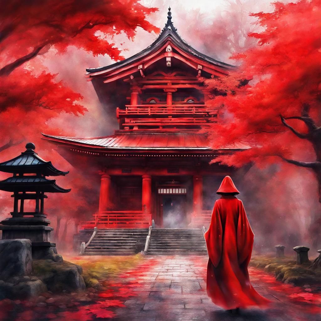 Red-Robed Woman Approaches Sacred Temple in Watercolor