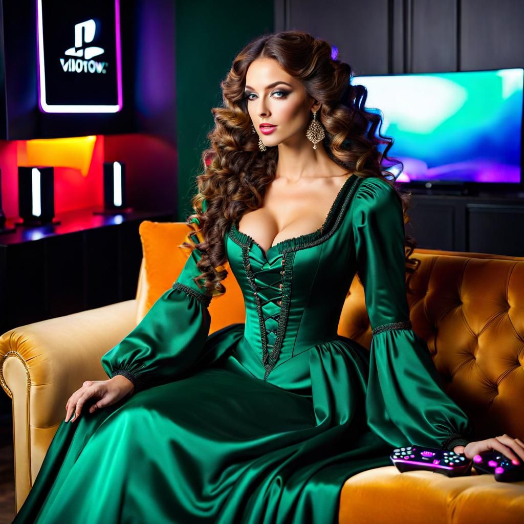 Gamer Girl in Regency Dress Plays Video Games