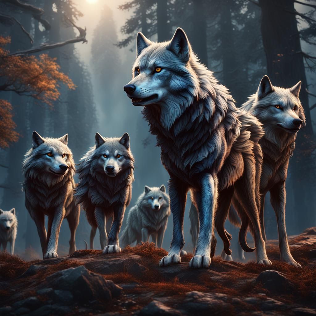 Detailed Matte Painting of a Wolf Pack