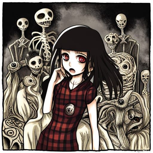 Junji Ito Style Horror Girl with Demons