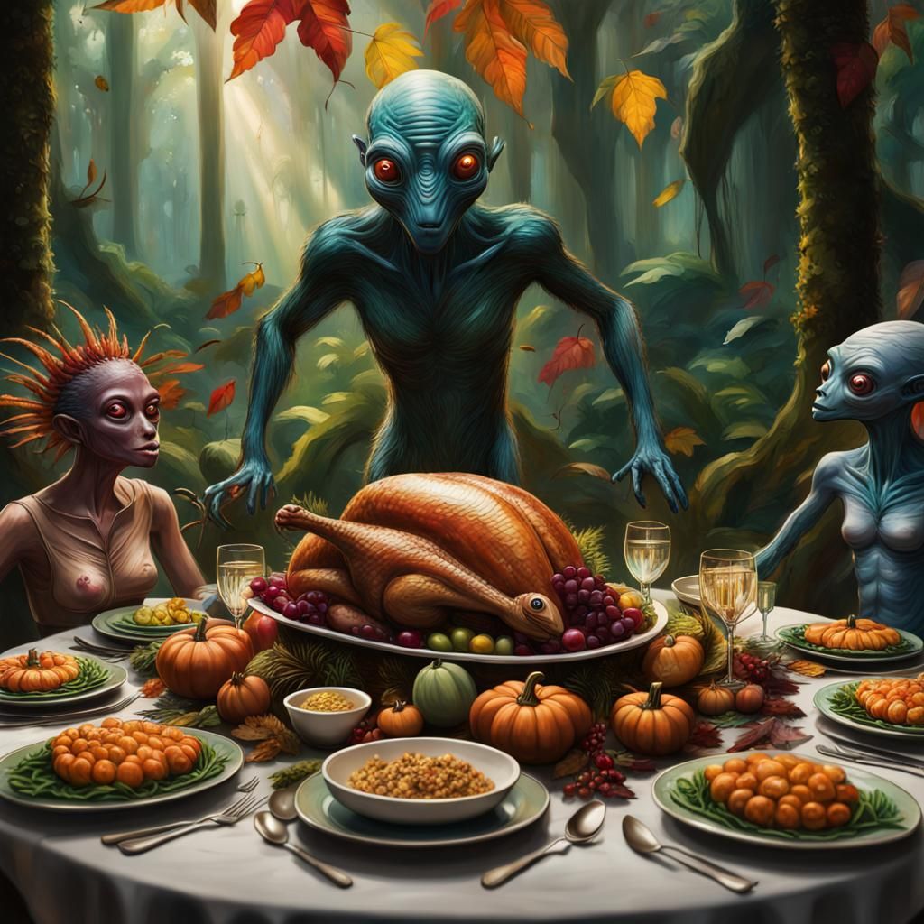 Hyperrealistic Alien Thanksgiving in a Rainforest