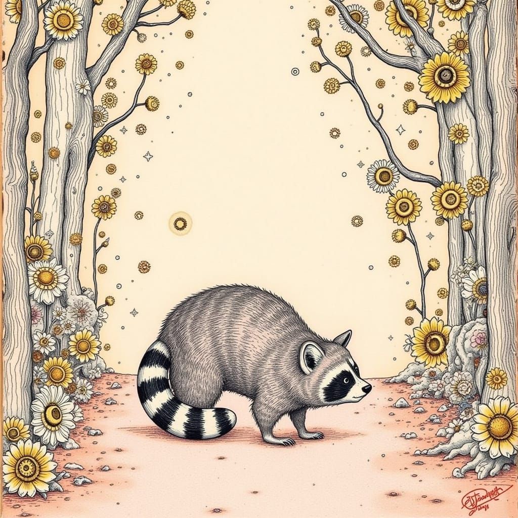Whimsical Raccoon with Striped Tail in Earthy Forest Scene