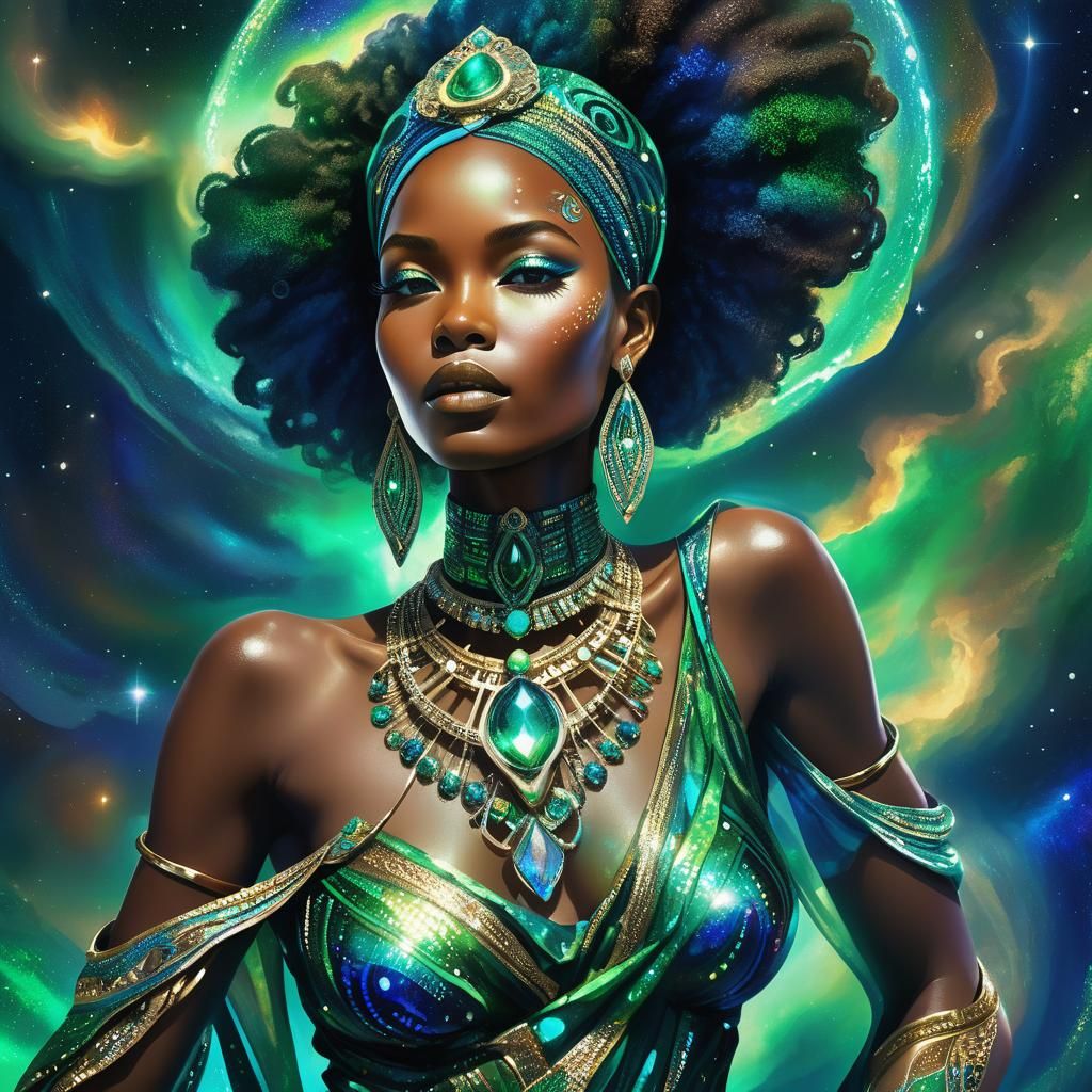 AfroFuturistic Woman Portrait with Nebula Background
