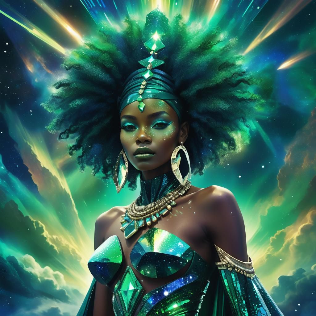 AfroFuturistic Woman in Emerald Greens and Blues