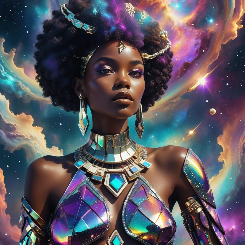 Afrofuturistic Woman in Chromed Jewelry and Iridescent Garme...