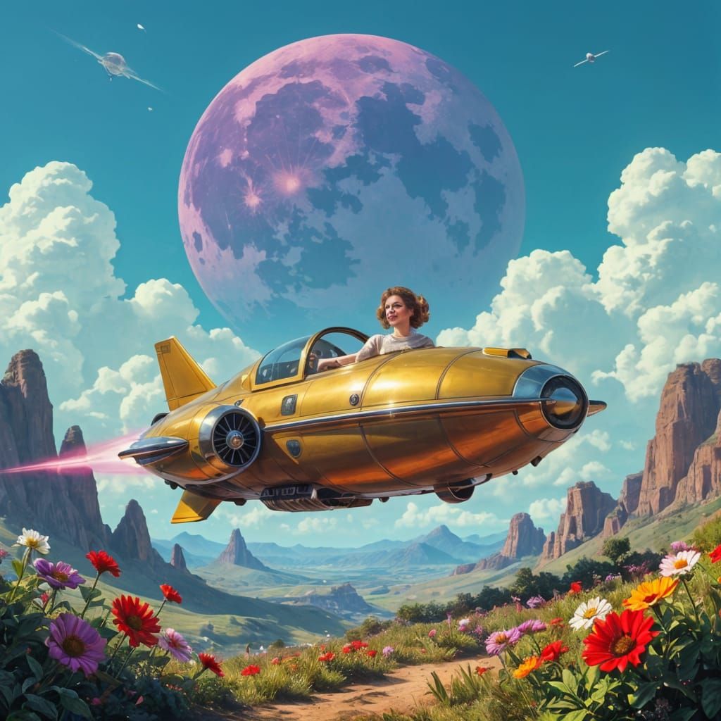 Victorian Lady Pilots Retro Spaceship Over Alien Garden