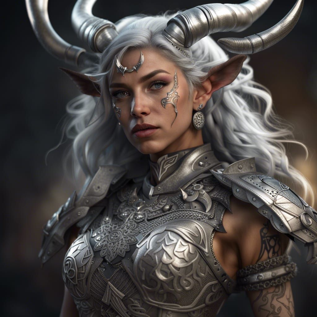 Detailed Portrait of Horned Woman in Fantasy Armor