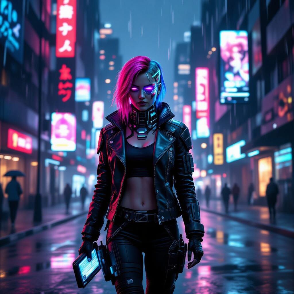 Cyberpunk Woman with Neon Hair in Futuristic City