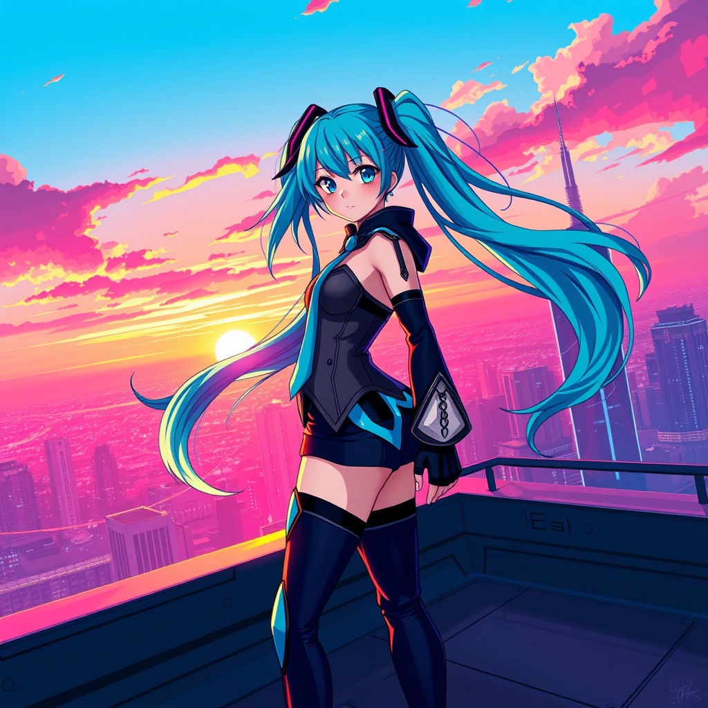 Hatsune Miku on Futuristic Rooftop in Anime Style