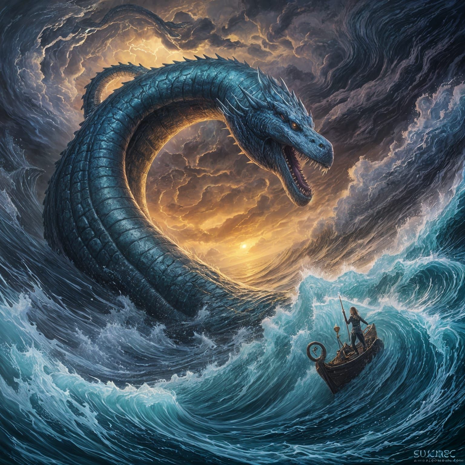 Giant Sea Serpent Emerges from Stormy Depths