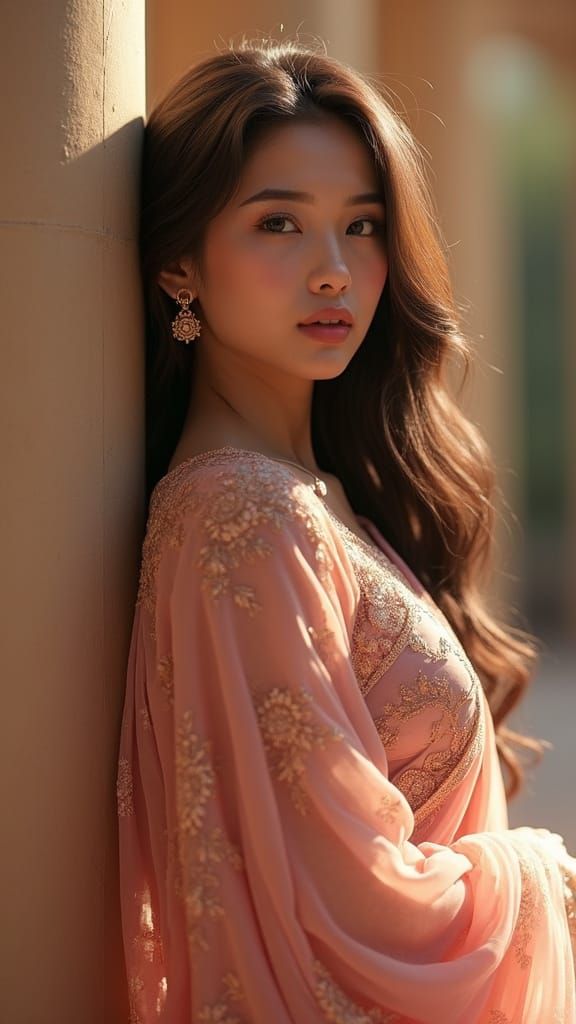 Elegant Woman in Soft Pink Saree, Warmly Lit Evening Ambianc...