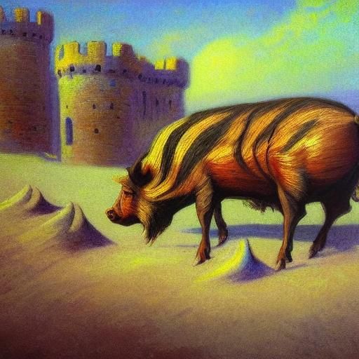 Boar and Sandcastle on Beach in Impressionist Style