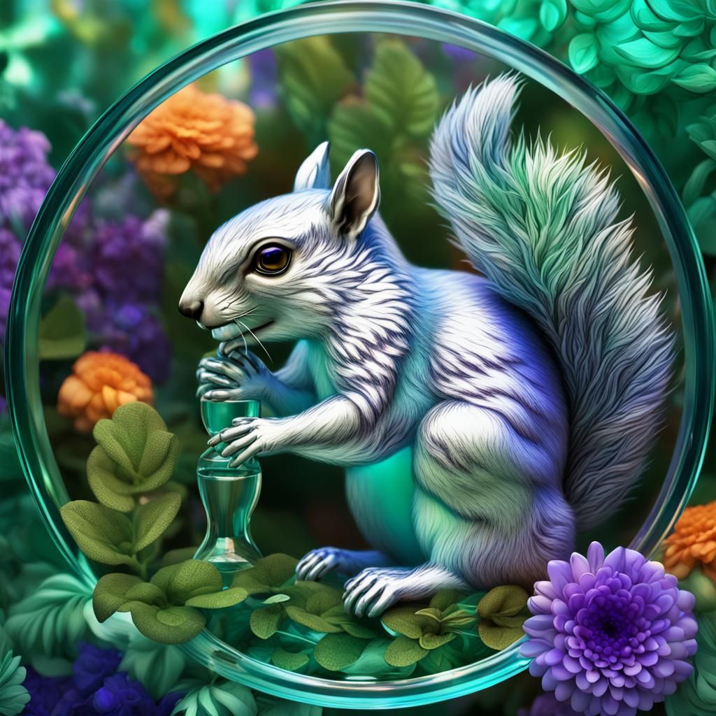 Silver Squirrel in Glass, Klimt-Inspired 3D Art