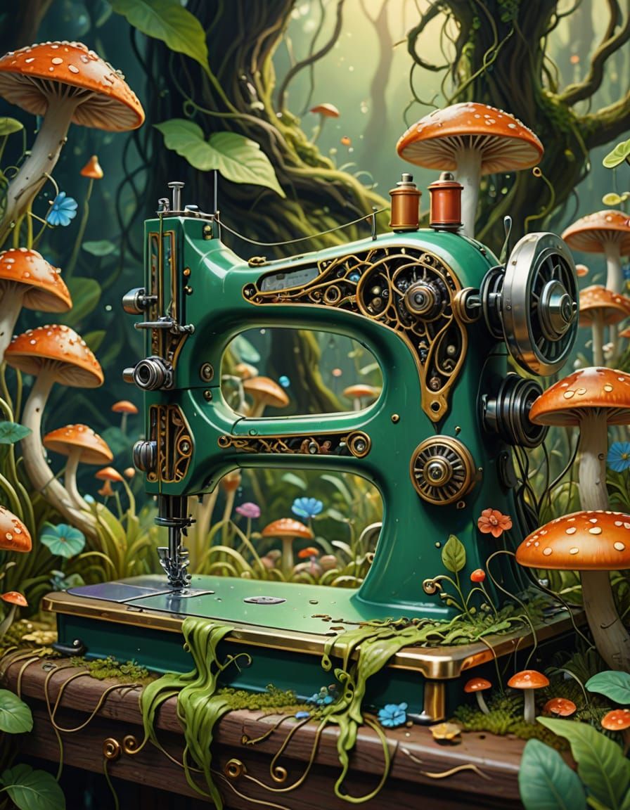 Ethereal Sewing Machine in Lush Nature Ecosystem