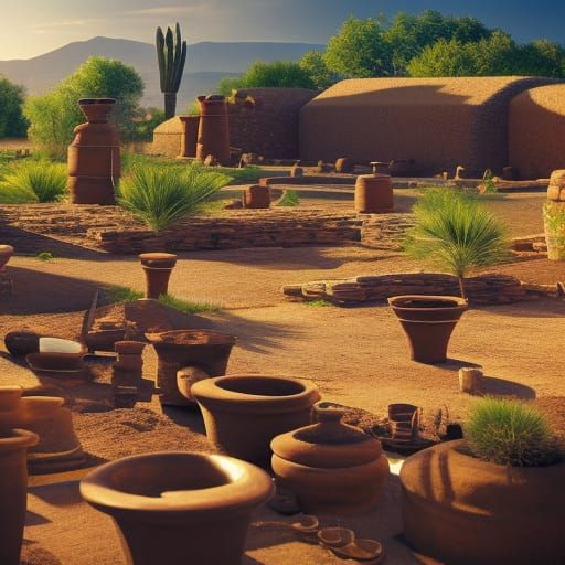 Hohokam village ruins, with pots, in SW USA