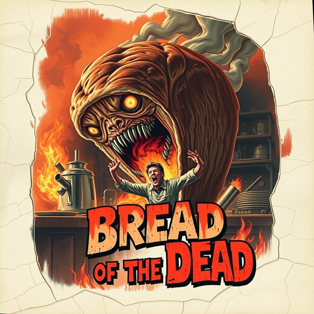 Retro Horror Bread Monster Rises from Flaming Oven