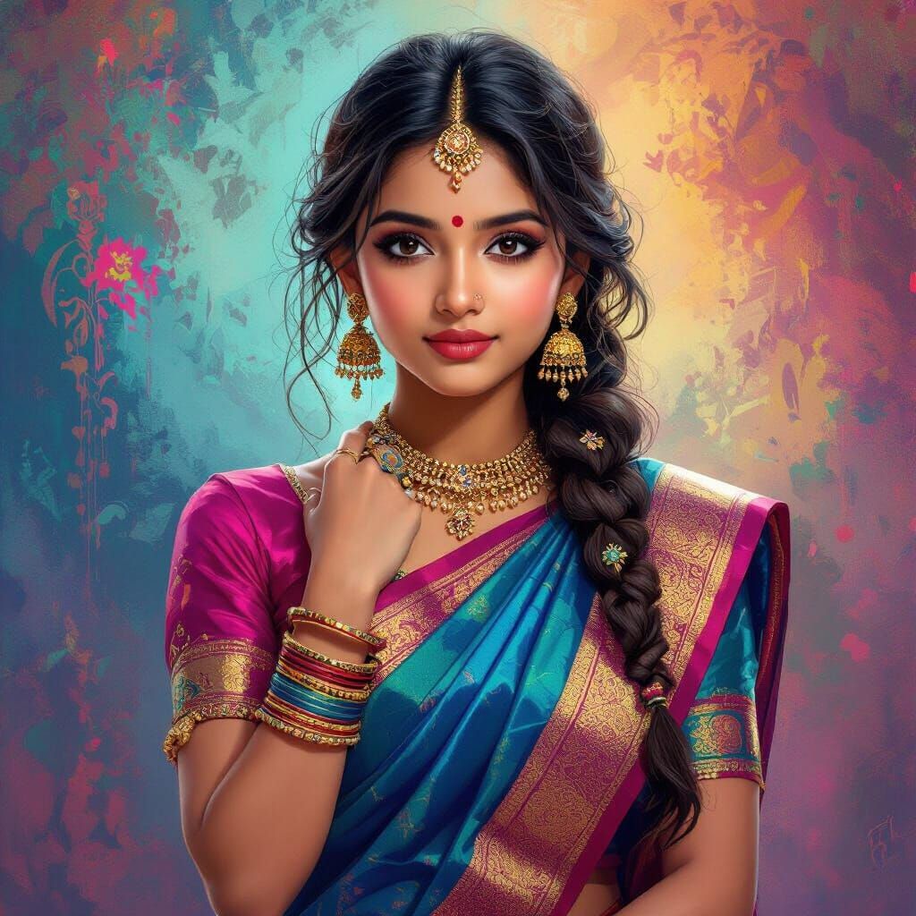 Indian Girl in Saree with Abstract Colorful Design