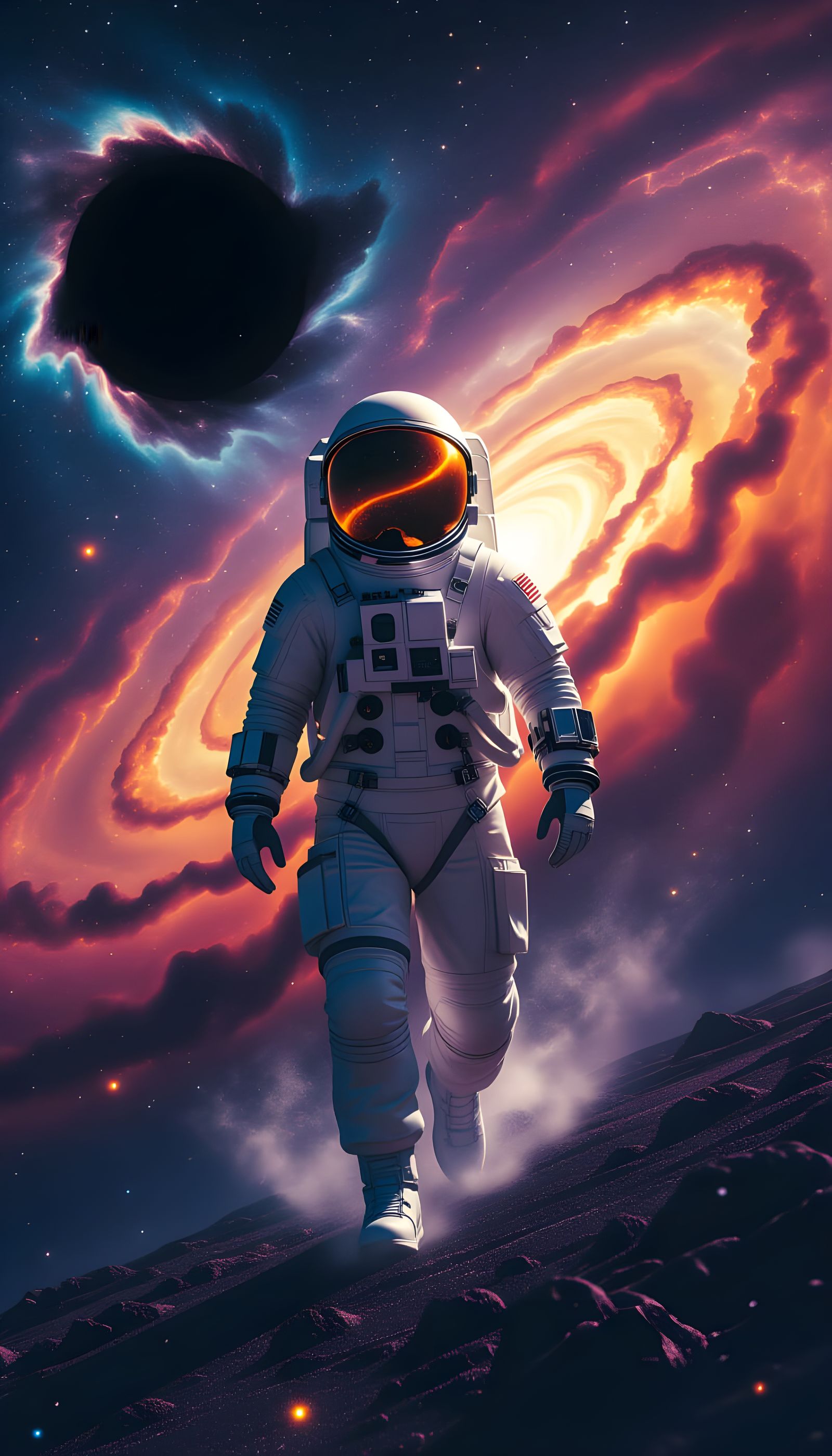 Astronaut on Stardust Among Galaxies and Supernova