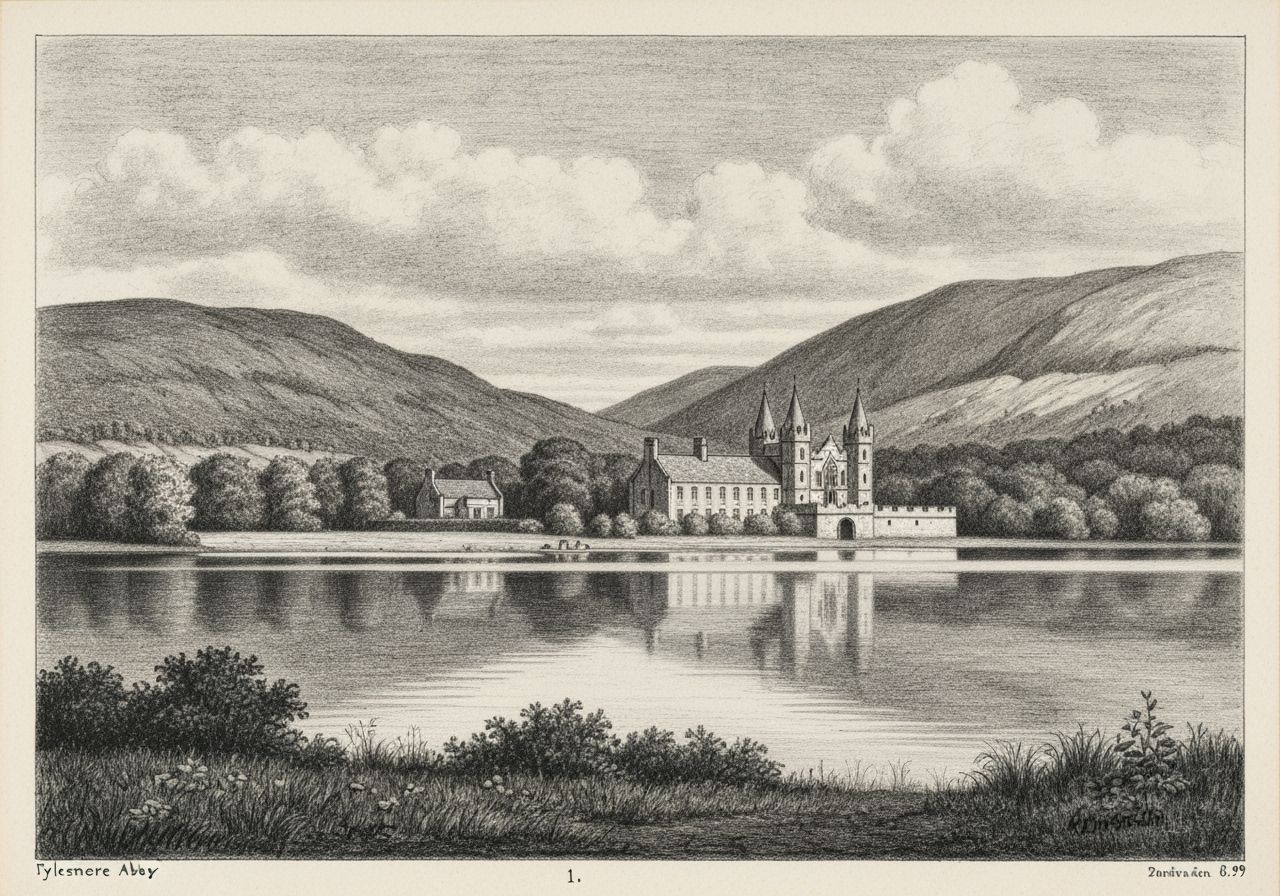 Kylemore Abbey Ireland Lake View Charcoal Drawing