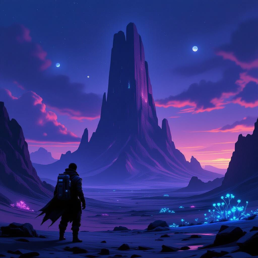 Alien Ruin: Man Gazes at Colossal Structure on Barren Planet