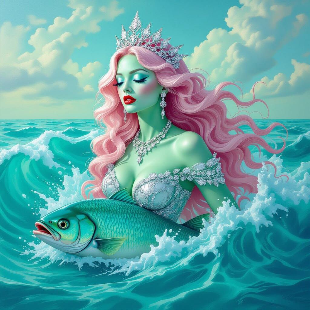 Surreal Woman Transforms into Fish in Wild Ocean