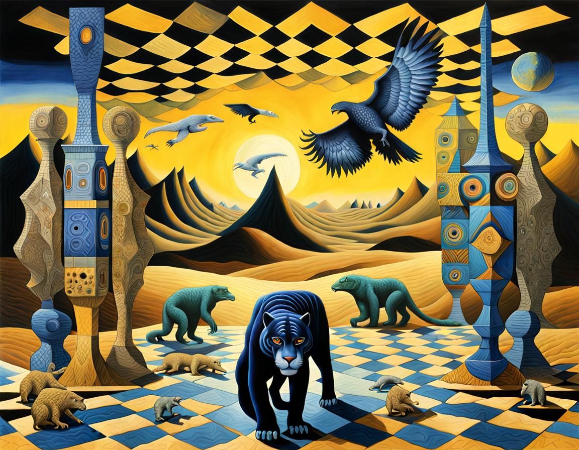 A black jaguar, a chameleon, a bear, an anaconda, a crocodil...