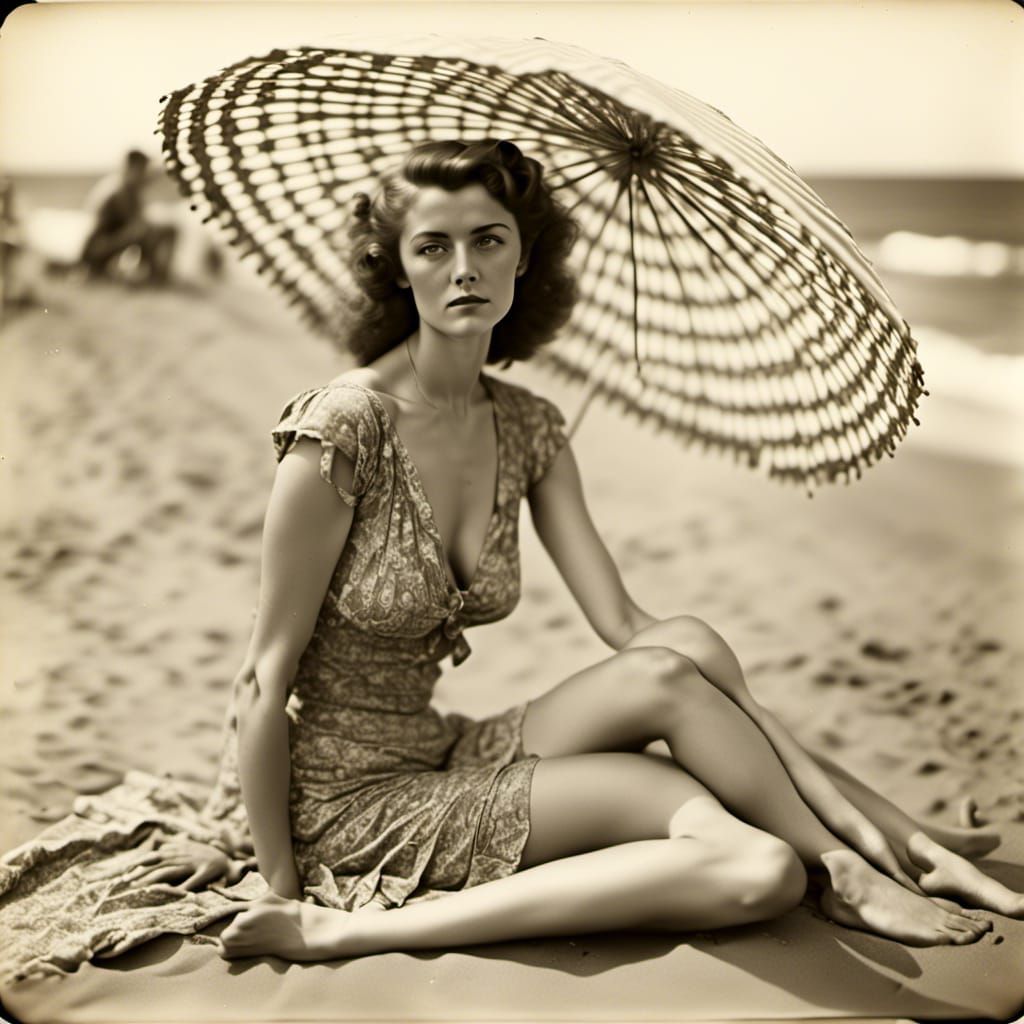 Vintage 70s Beach Photo of Woman in Gilded Age Style