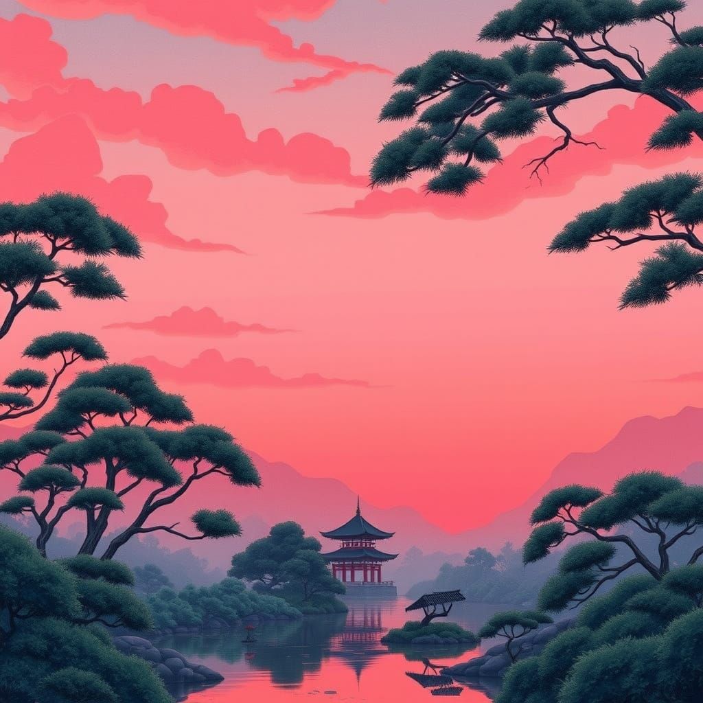 Dreamy Japanese Sunset with Pagoda and Lush Greenery