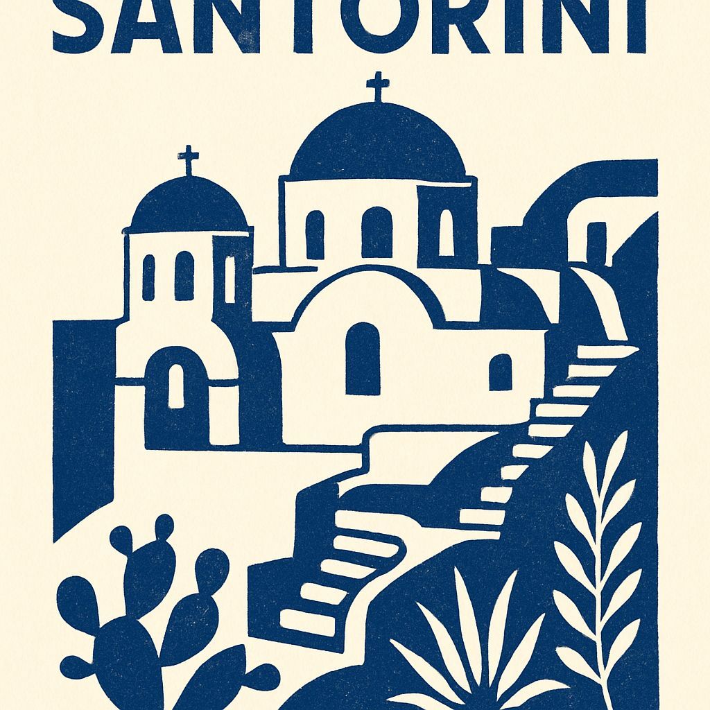 Santorini Travel Poster Linocut Print