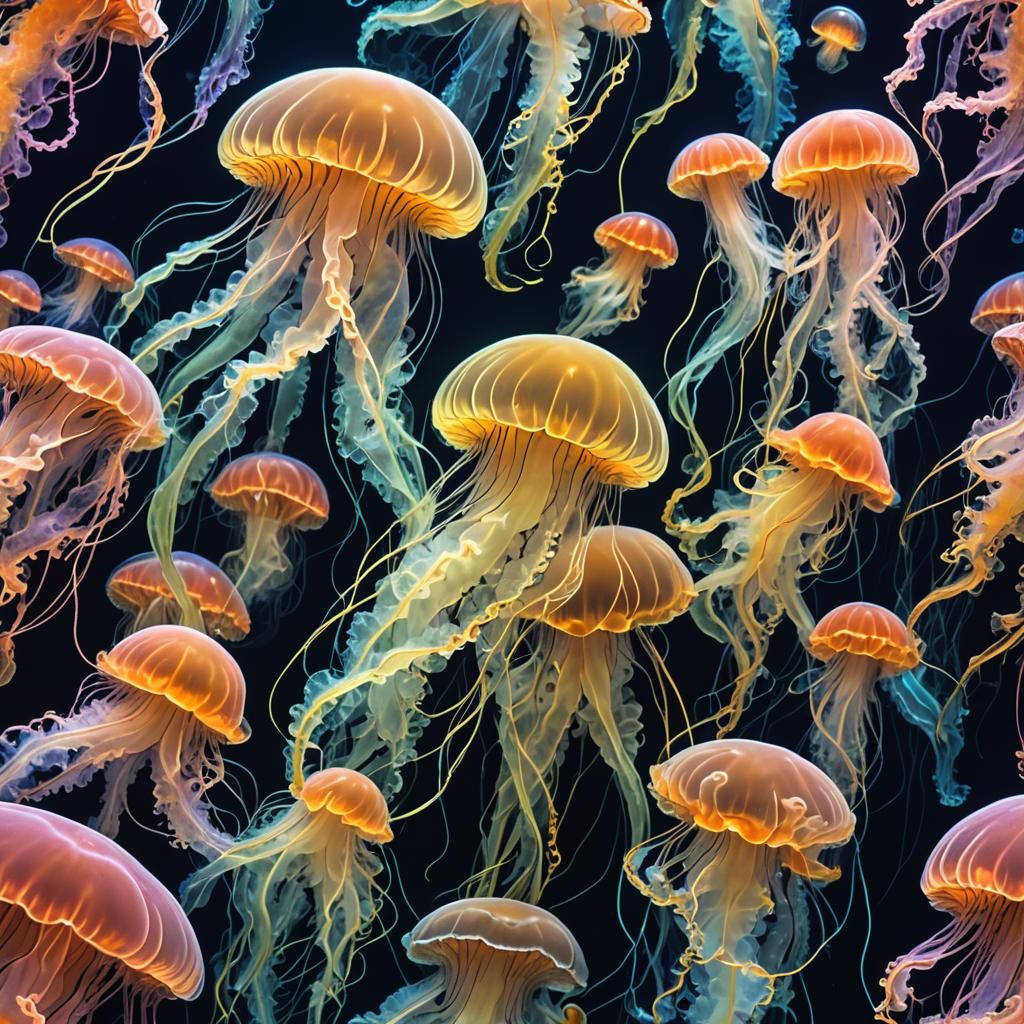 Exotic Bioluminescent Jellyfish in Hyperrealistic Underwater...