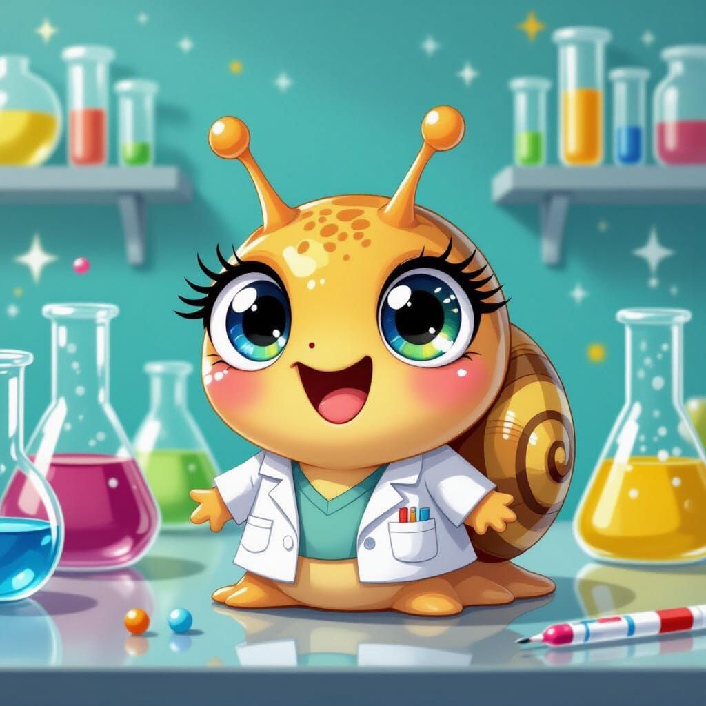 Kawaii Snail Scientist in Whimsical Pop Art Lab