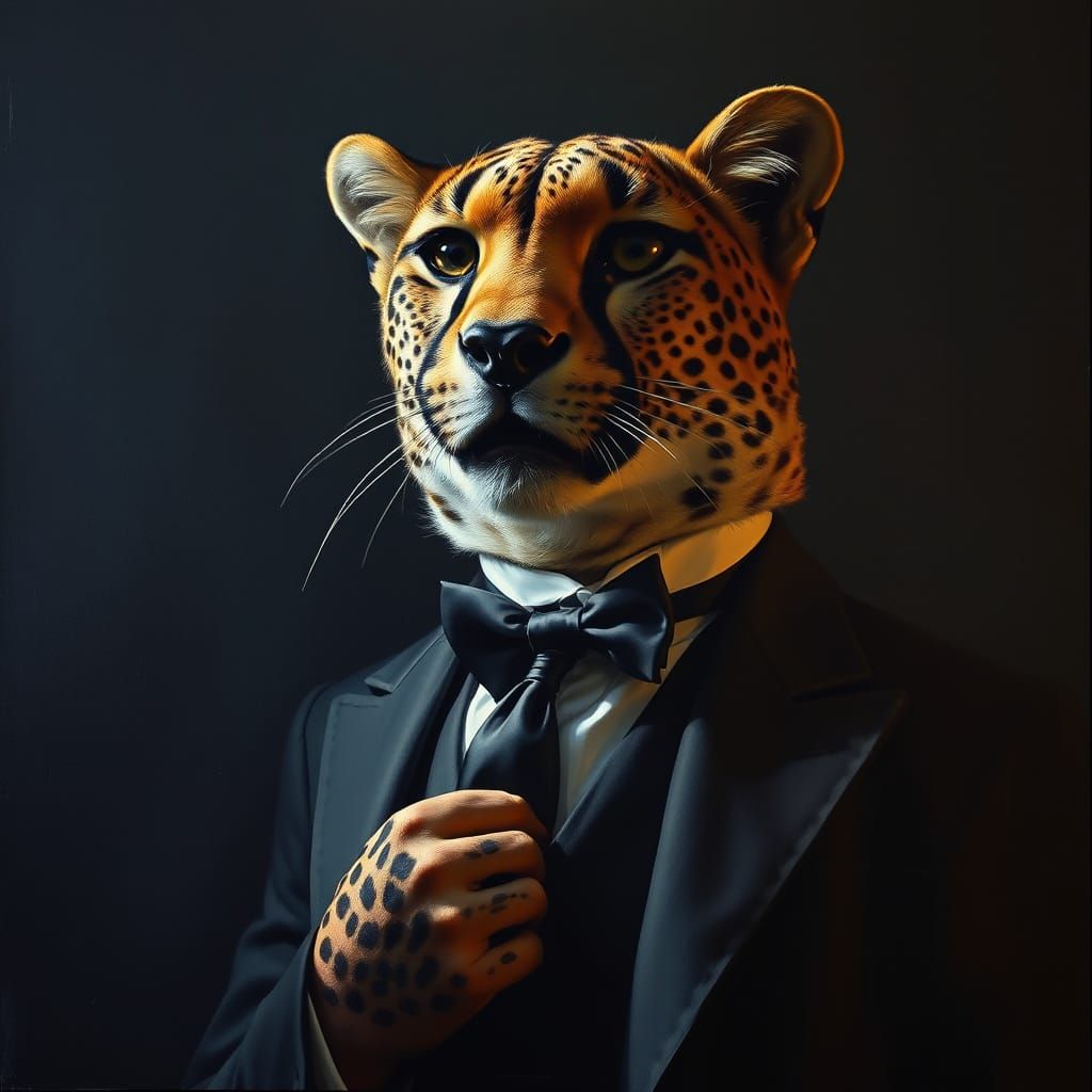 victorian cheetah portrait, painted by Goya and Caravaggio, dark palette, high dynamic, impasto technique --v 5.2