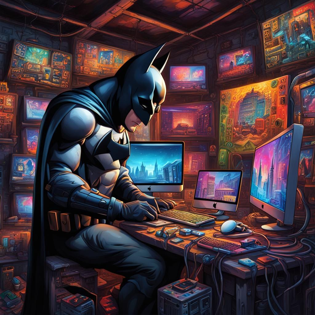 Developer in Graffiti Art Batcave Coding on Macbook