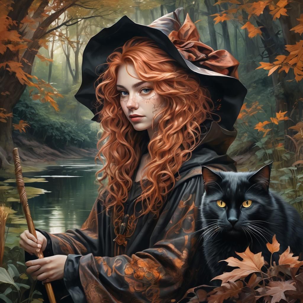 Witch and Cat Portrait in Graffiti Art Style