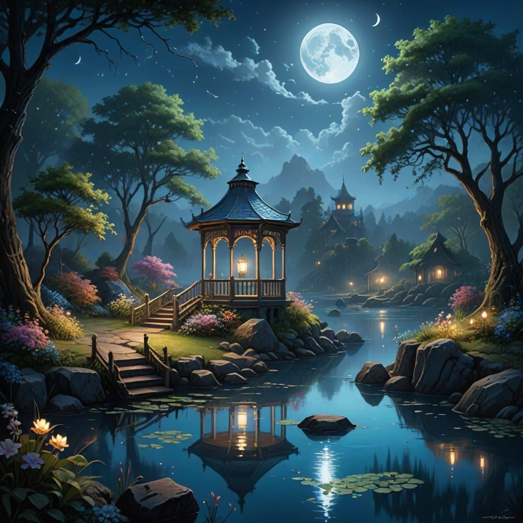 Enchanting Moonlit Gazebo on Rocky Island
